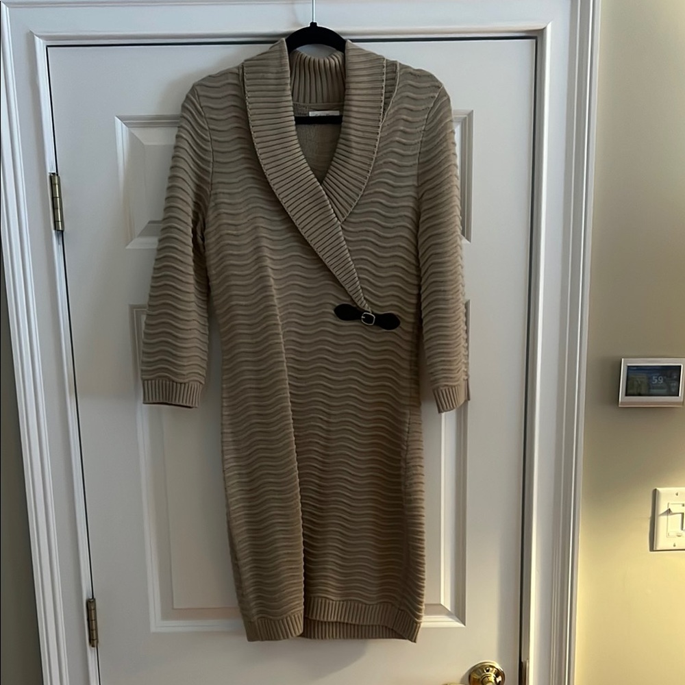 Beige Shawl Collar Sweater Dress